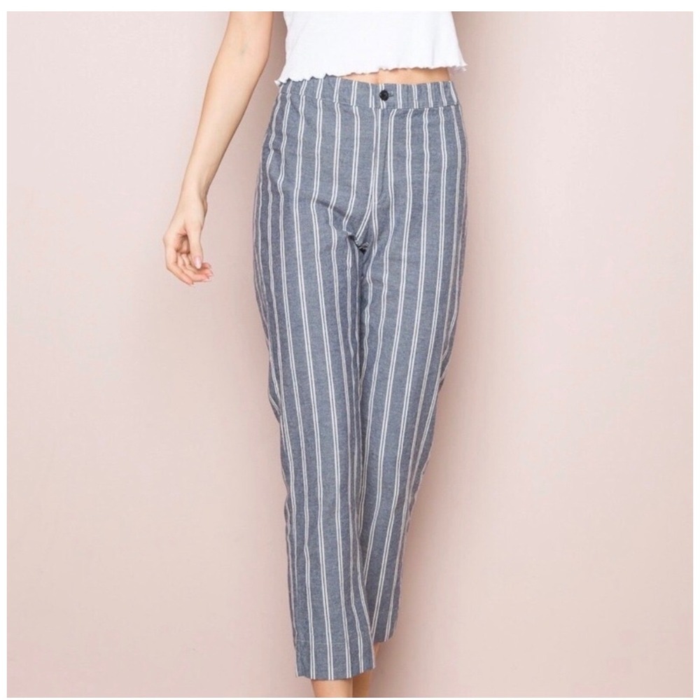 Brandy Melville Navy White Striped High Waisted Cropped Trousers Pants OS